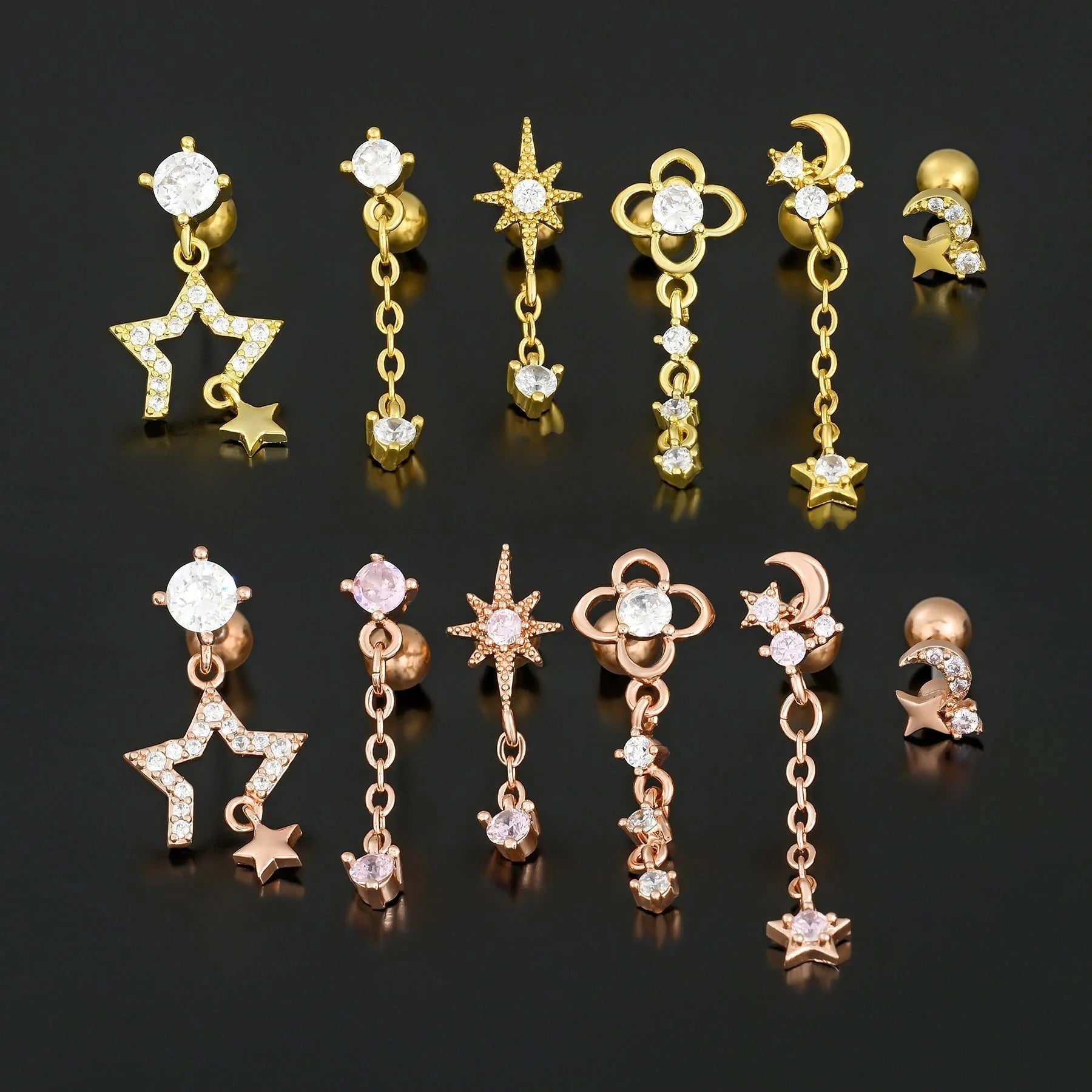 Star and Moon Cubic Zirconia Stainless Steel Cartilage Earring in gold and white K
