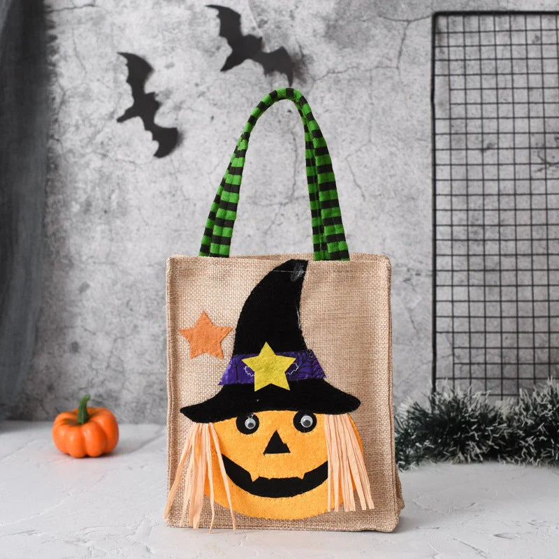 Halloween themed tote bag for kids featuring witch, skull, and pumpkin designs