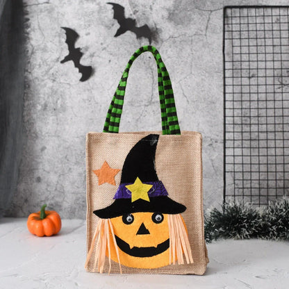 Halloween themed tote bag for kids featuring witch, skull, and pumpkin designs