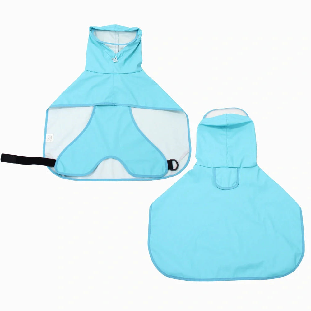 Dog wearing a yellow waterproof raincoat with a transparent brim, adjustable bellyband, and chest straps.