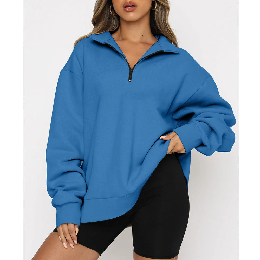 Women's zip turndown collar loose casual sweatshirt in various colours