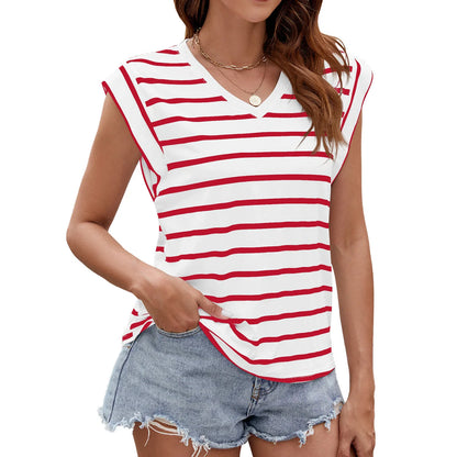 Women's summer V-neck short-sleeved T-shirt in stripe print
