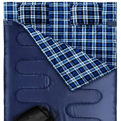 Outdoor camping flannel sleeping bag with pillow, available in black and red stripes or blue with blue ribbon