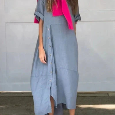 Loose casual short sleeve dress in cotton and linen with 3D effect, available in multiple colours