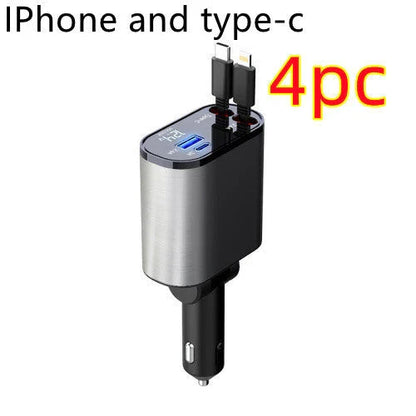 Ultra-Fast 100W Car Charger with Retractable Cable and Adjustable Connector for Rapid Smartphone, Tablet, and Laptop Charging