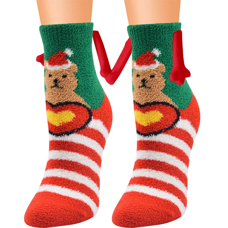 Christmas couple socks with magnetic suction feature for hand holding, festive 3D animal patterns