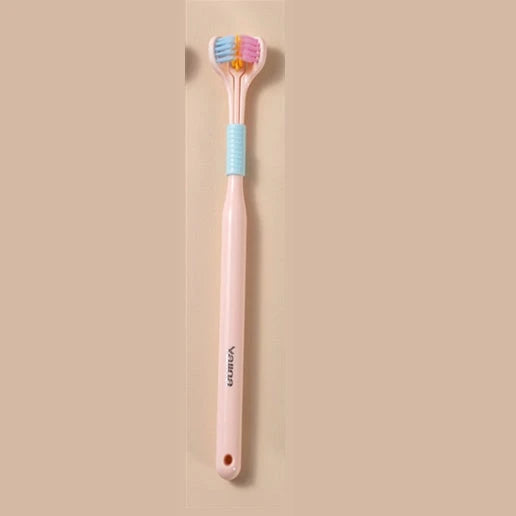 Soft bristle toothbrush with 3-sided brush head for thorough dental cleaning