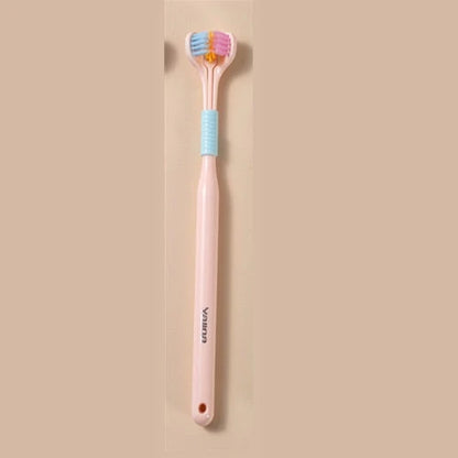 Soft bristle toothbrush with 3-sided brush head for thorough dental cleaning