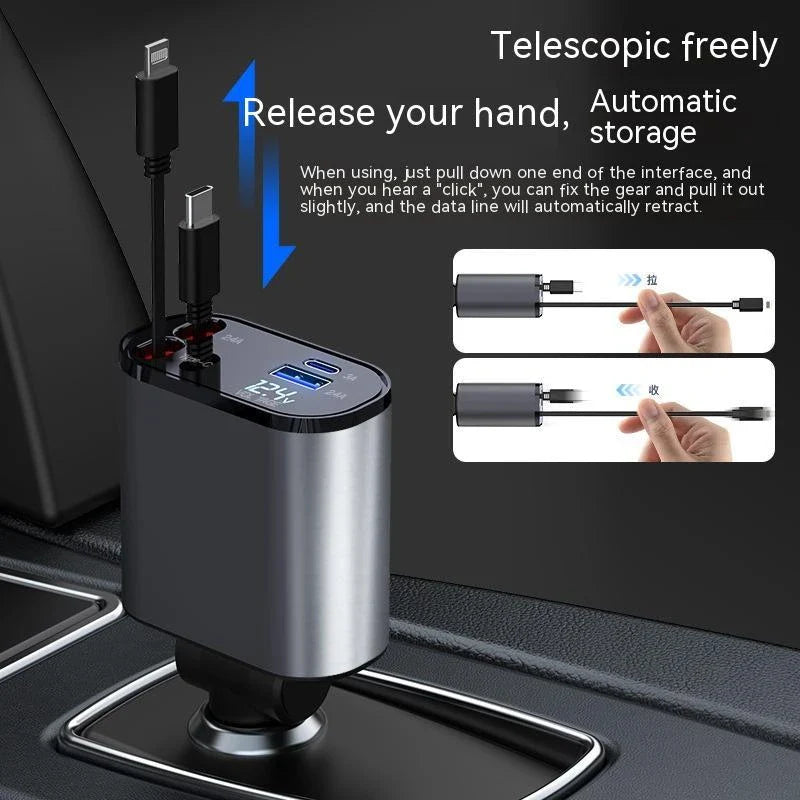 Ultra-Fast 100W Car Charger with Retractable Cable and Adjustable Connector for Rapid Smartphone, Tablet, and Laptop Charging