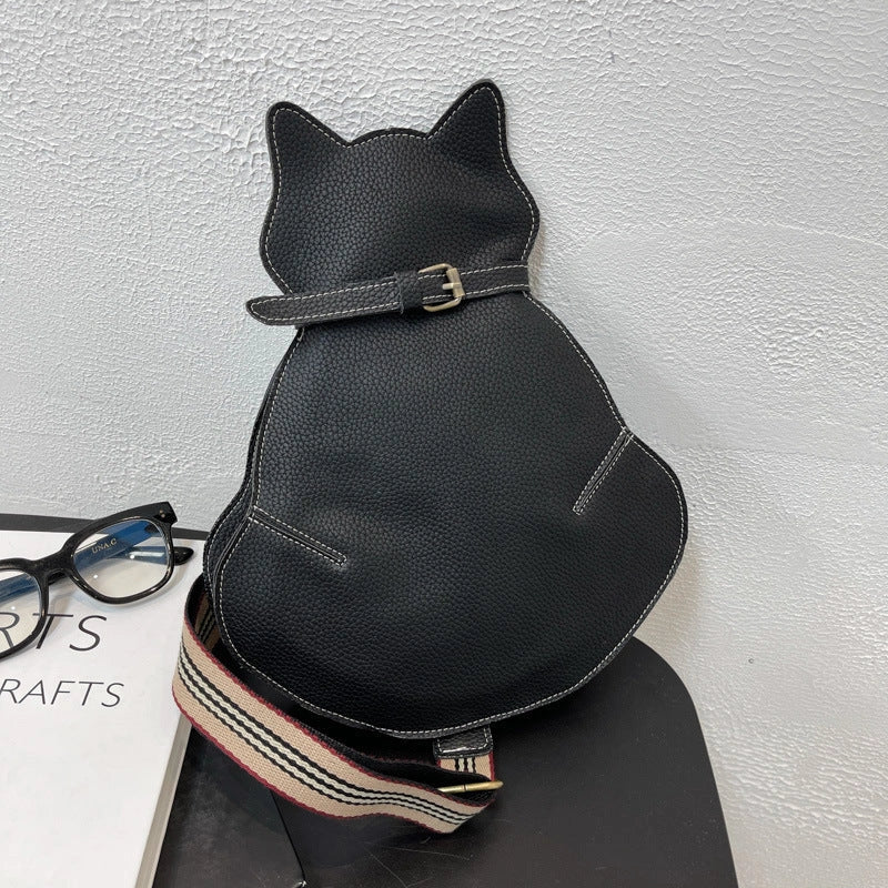 Women's PU leather cat-themed messenger shoulder bag in black, coffee, and brown