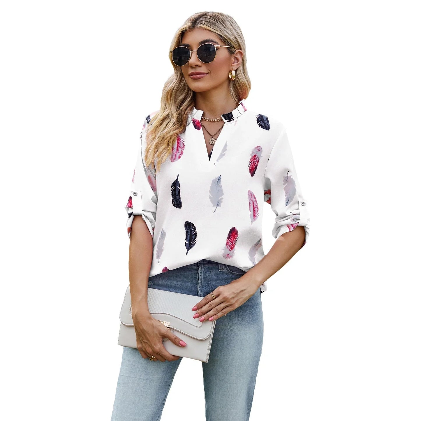 V-neck feather printed loose shirt in various colours