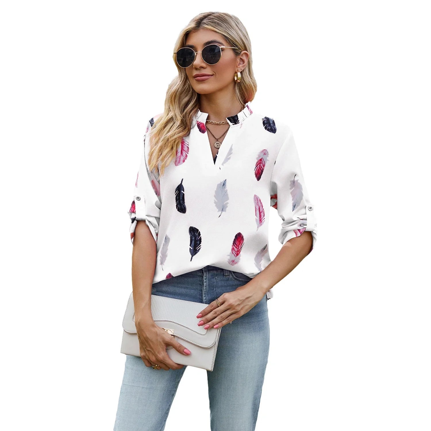 V-neck feather printed loose shirt in various colours