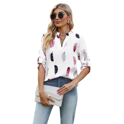 V-neck feather printed loose shirt in various colours