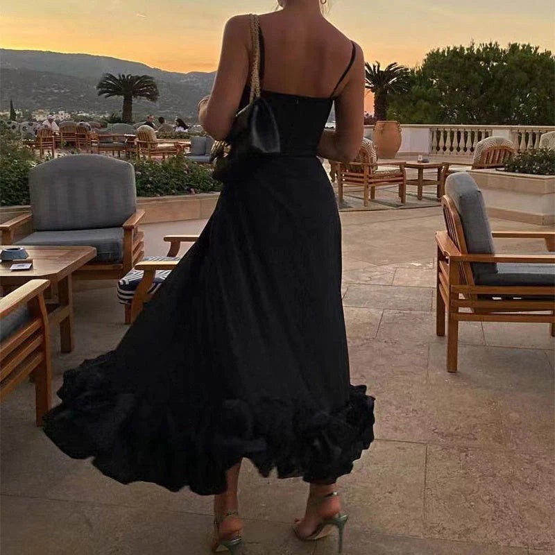 Fashionable chiffon dress with floral design, adjustable straps, and flowing A-line silhouette