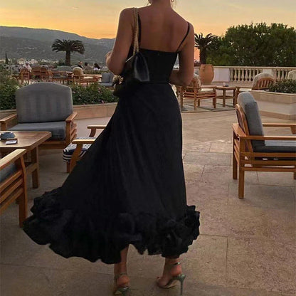 Fashionable chiffon dress with floral design, adjustable straps, and flowing A-line silhouette