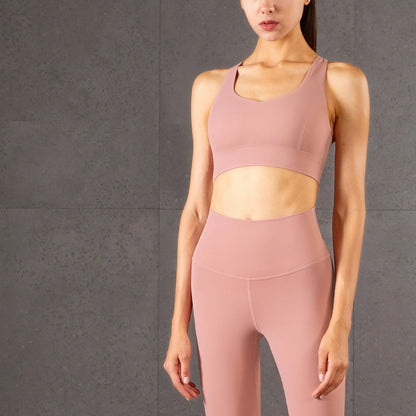 Gather Strength Wrap Mesh Panel Yoga Bra in Black, Pink Pastel, Desert Teal, and Chambray