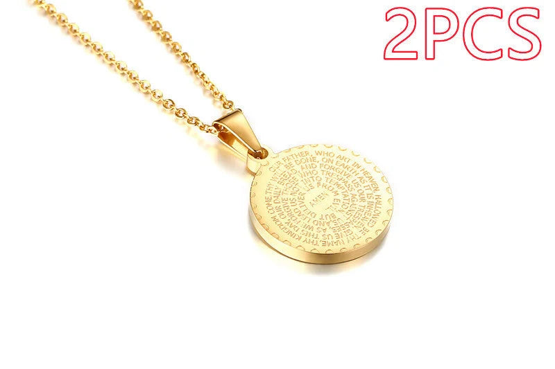 Premium stainless steel pendant with sparkling rhinestones and engraved English Scripture