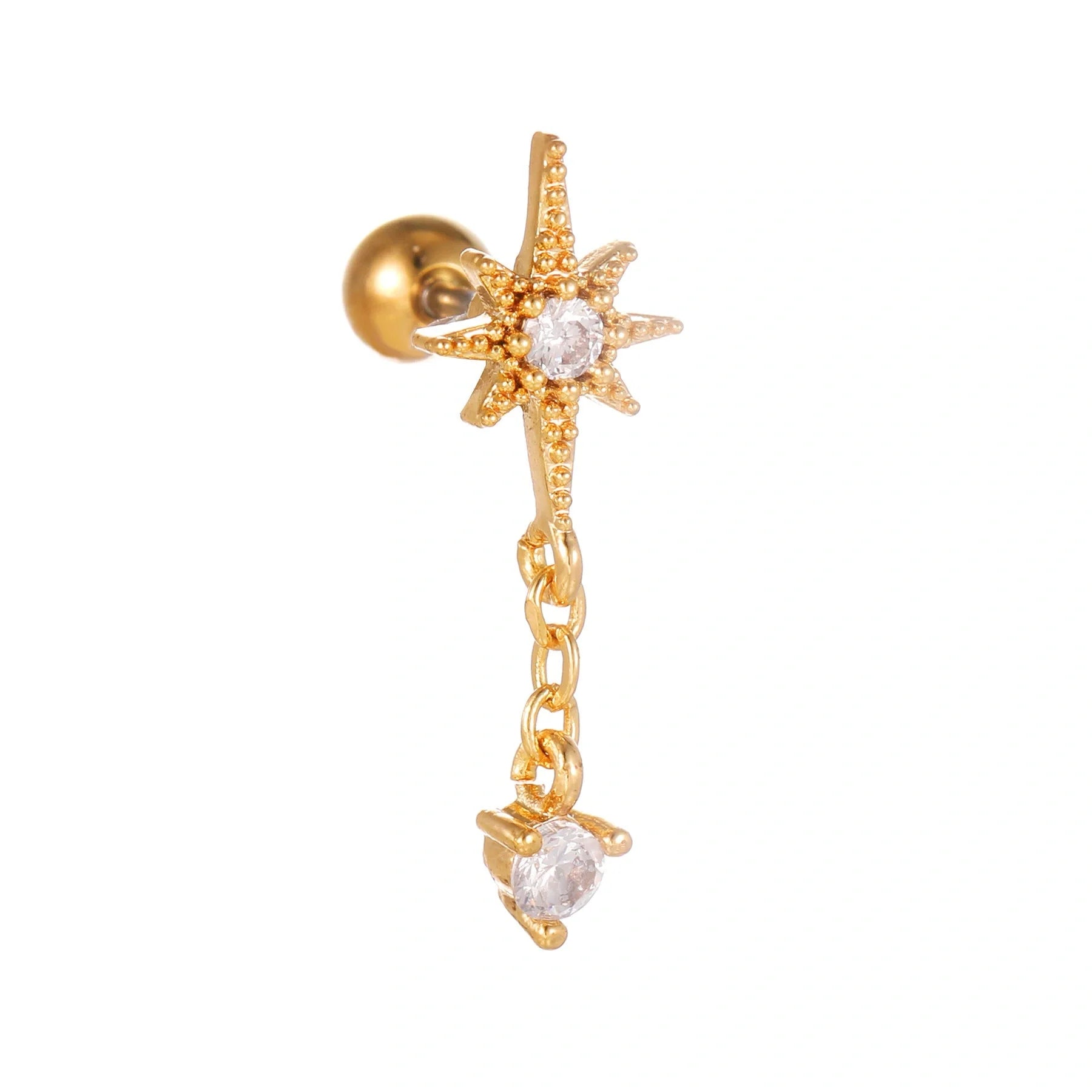 Star and Moon Cubic Zirconia Stainless Steel Cartilage Earring in gold and white K