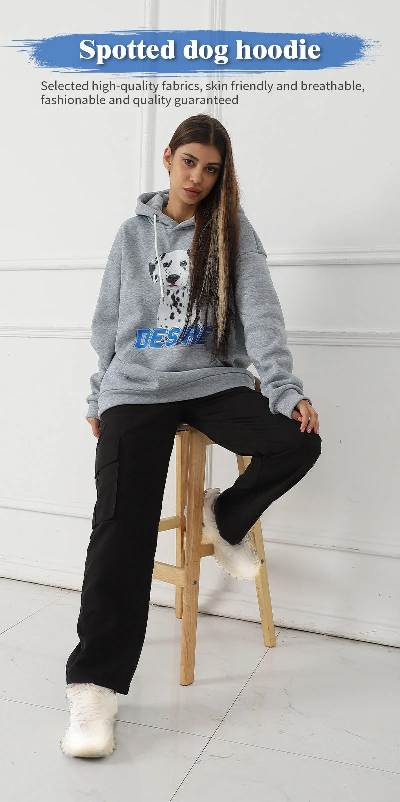 Stylish women's printed long sleeve sweatshirt in black, white, and grey