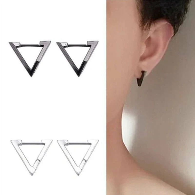 Stainless steel triangular hoop earrings in white, black, and gold options