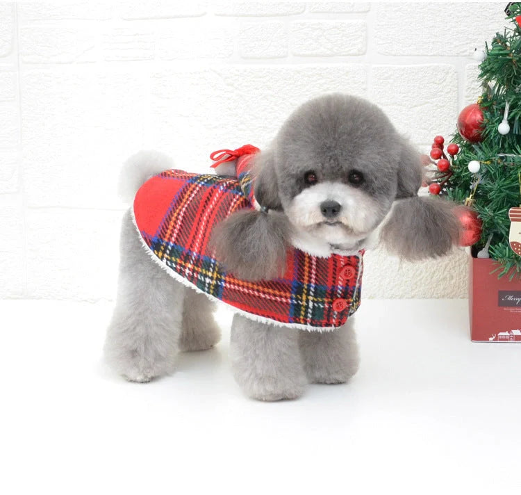 Christmas red check dog sweater with suede lining for winter warmth