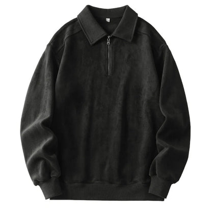 Premium fleece half-zip hoodie in black, haze green, and apricot yellow colours, featuring a tailored design and ribbed details for a refined look.