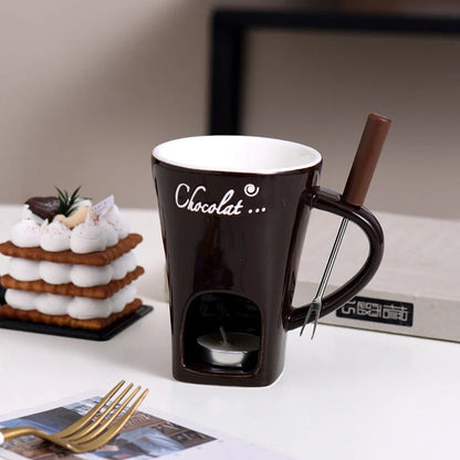 Ceramic fondue set with individual pots for making chocolate, cheese or ice cream fondues at home