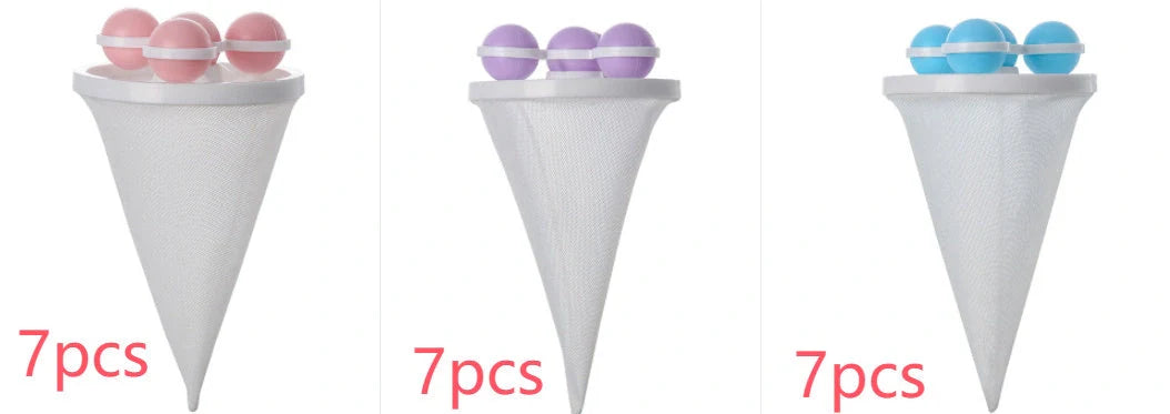 Gyroscopic Washing Machine Filter Pouch in purple, blue, and pink for lint and hair removal