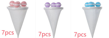 Gyroscopic Washing Machine Filter Pouch in purple, blue, and pink for lint and hair removal