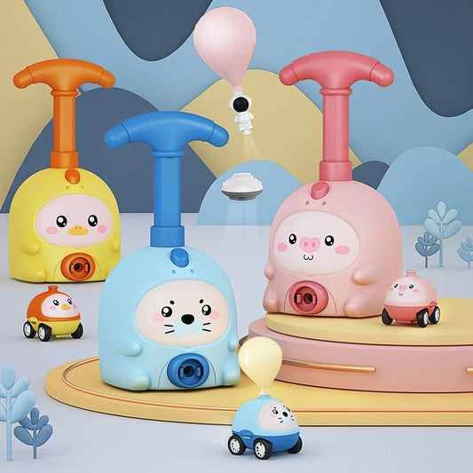 Balloon-powered car toys in various vibrant colours designed to engage children in hands-on STEM learning and independent exploration