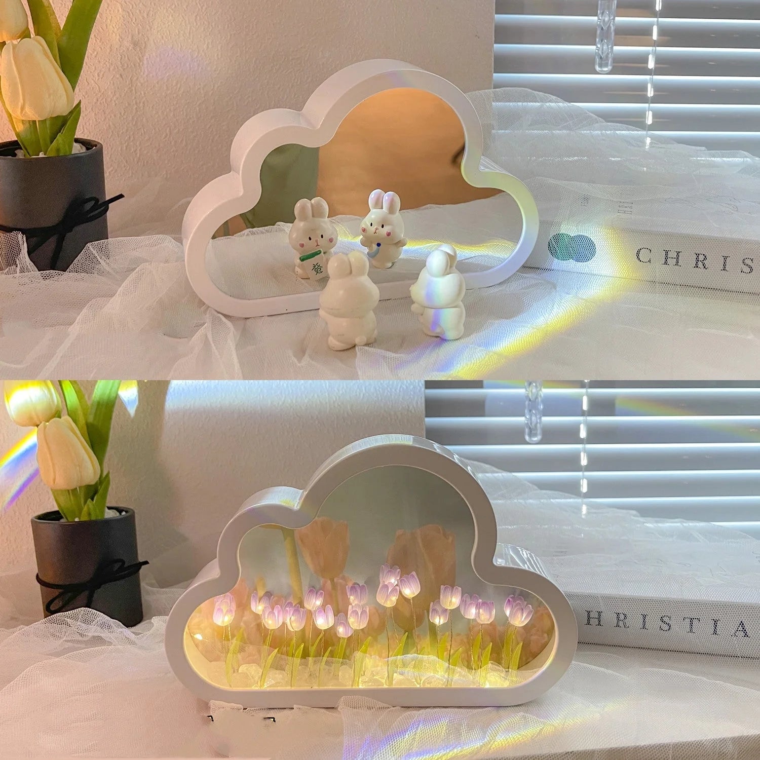 DIY Tulip Night Lamp in pink, purple, and blue with LED lights and decorative mirror feature