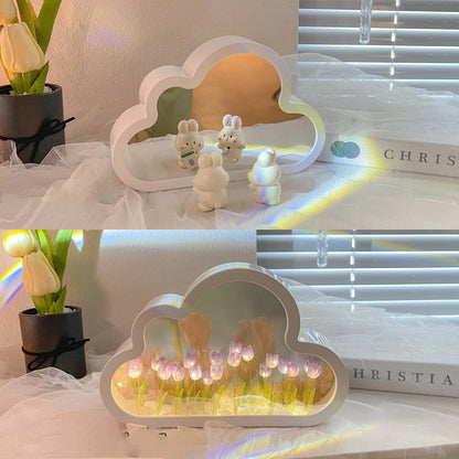 DIY Tulip Night Lamp in pink, purple, and blue with LED lights and decorative mirror feature