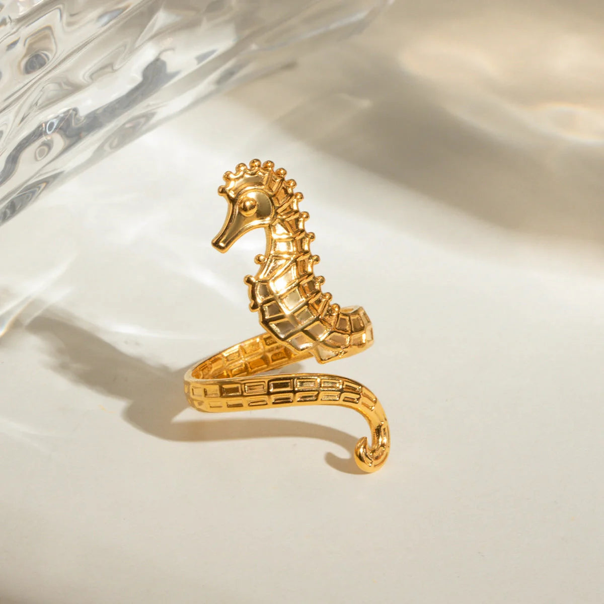 Elegant 18K gold plated seahorse ring for women, ocean themed jewellery