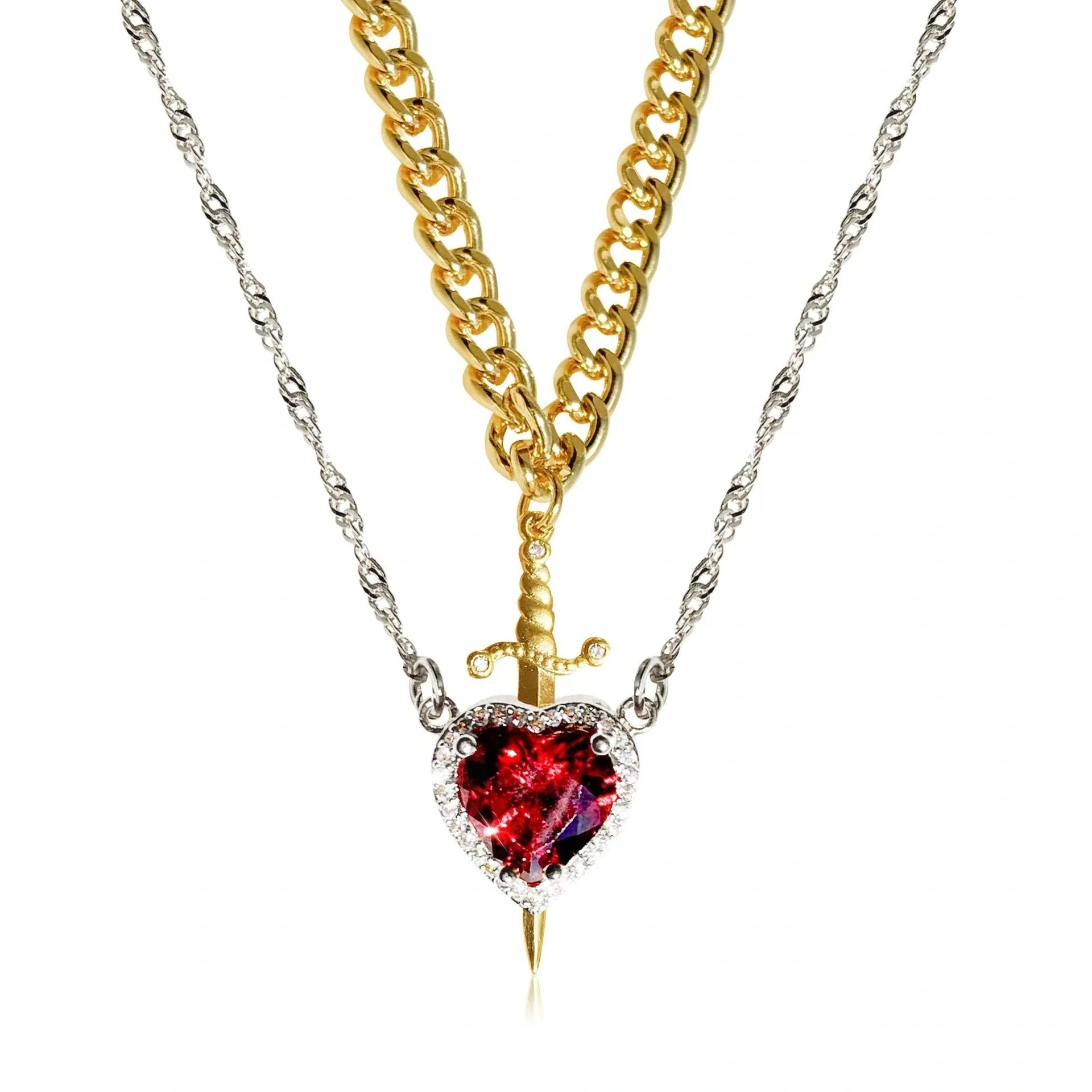 Exquisite Heart and Sword Couple Necklaces in gold and silver, symbolising love and protection