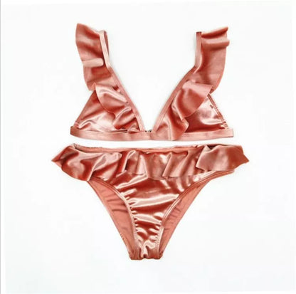 Women's Ice Velvet Ruffle Bikini Set in various colours with chest pad