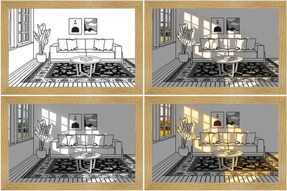 Illuminating LED picture light with customizable lighting modes, showcasing various nature scenes and cityscapes