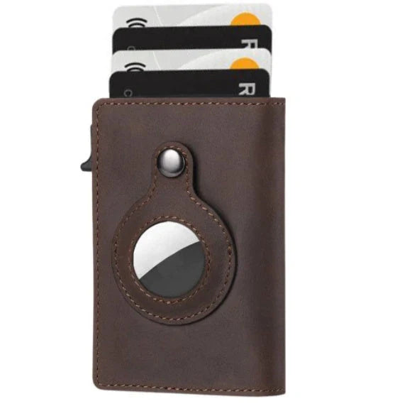 Premium leather wallet with built-in AirTag holder for secure everyday carry and item tracking