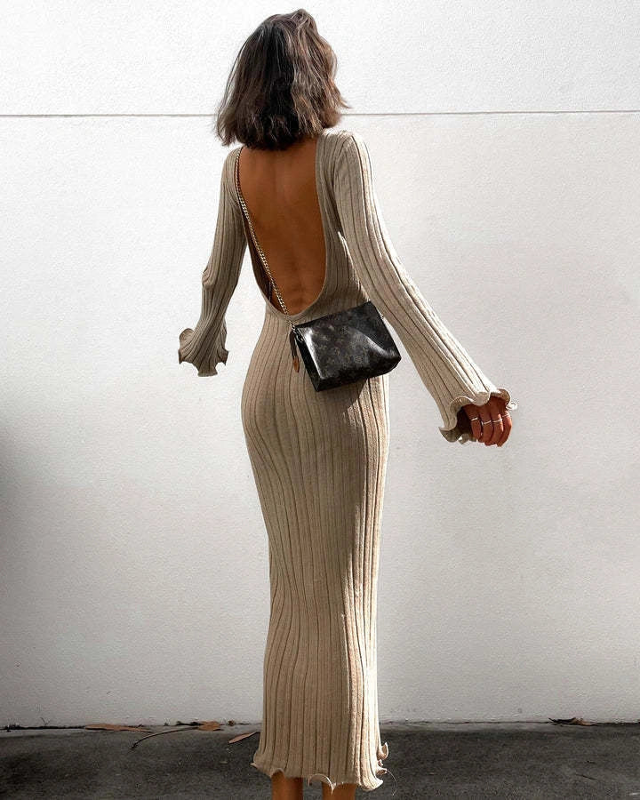 Slim long-sleeved ruffled maxi dress in khaki, black, or white with backless design