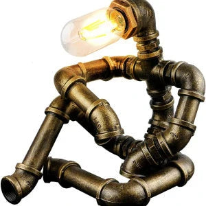 Vintage Industrial Table Lamp with Retro Water Pipe Design in Green Bronze Finish