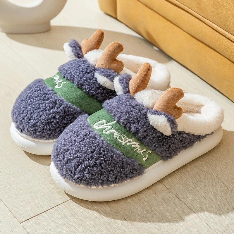 Cozy elk-themed slippers in a variety of festive colors, featuring a plush suede upper and supportive EVA sole for maximum comfort and warmth.