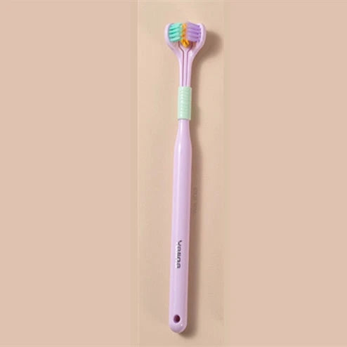 Soft bristle toothbrush with 3-sided brush head for thorough dental cleaning