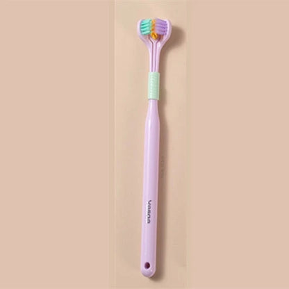 Soft bristle toothbrush with 3-sided brush head for thorough dental cleaning
