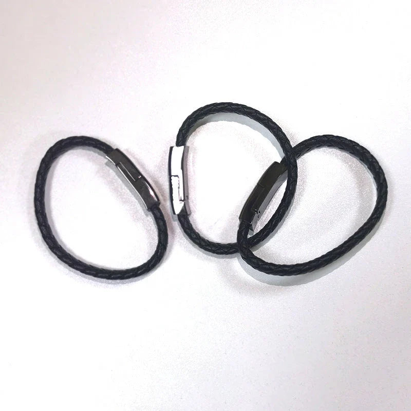 Stylish data cable bracelet in black, white, and brown colors with android, apple, and USB-C connectors