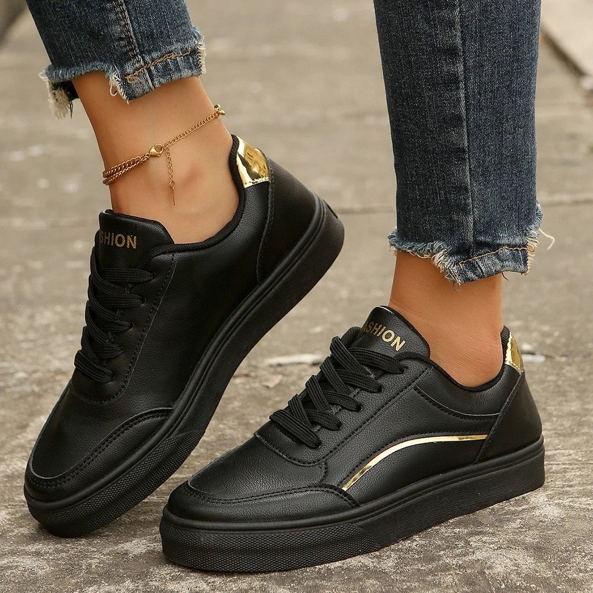 Stylish white lace-up flats for women with thick sole and round toe design