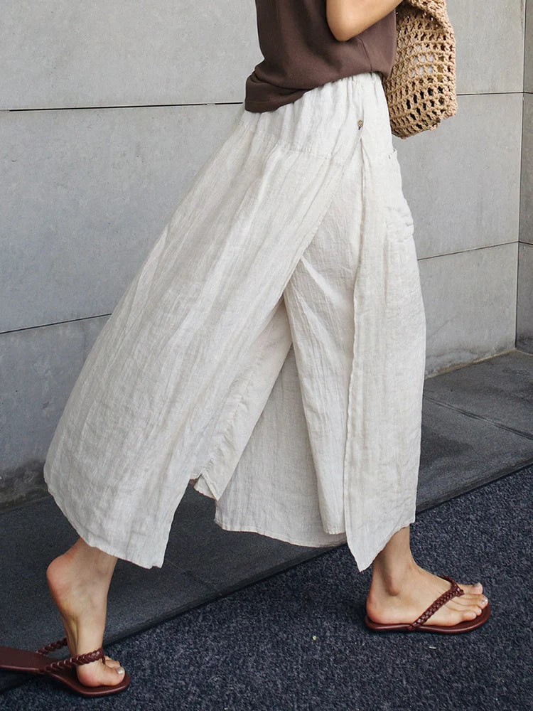 Elegant pure linen wide leg culottes with elastic waist and double pockets in summer colors