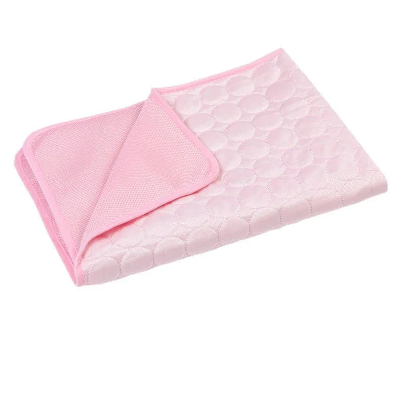 A cooling mat for pets in various sizes and colors, designed to provide refreshing comfort and temperature regulation.