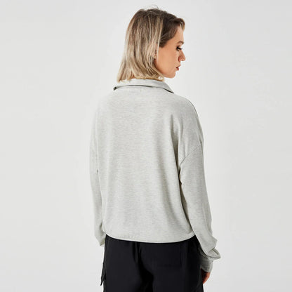 Women's pullover sweatshirt in white, grey, and brown, available in sizes S to XL