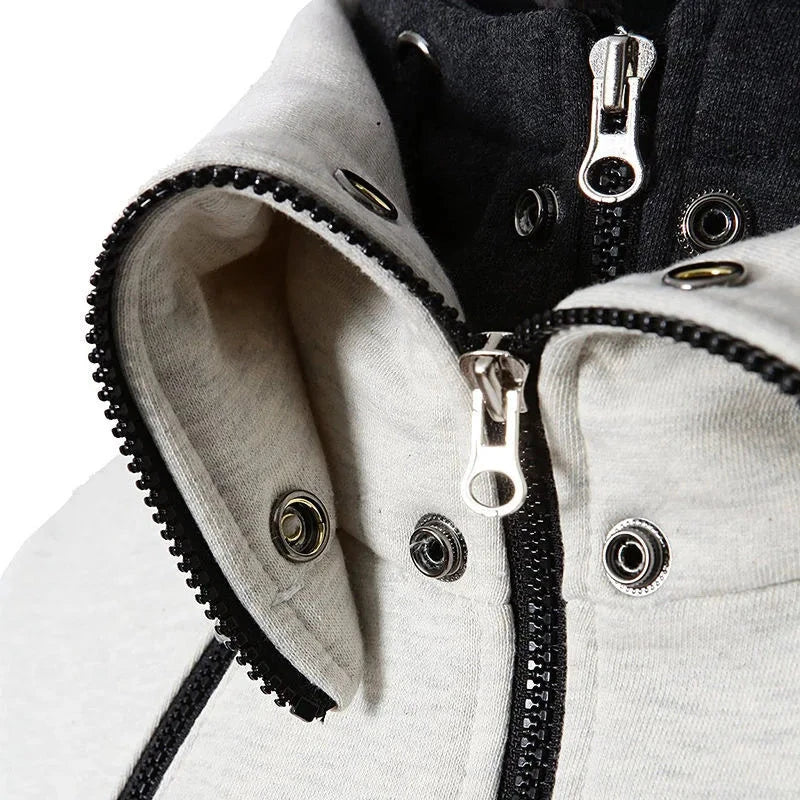 Men's zip-up hooded jacket with touchscreen functionality, available in light grey, white, dark grey, and beige white colors