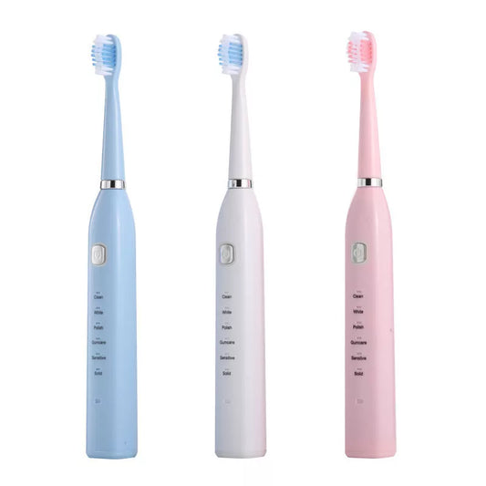 USB charging electric toothbrush in white, pink, and blue with multi-gear vibration