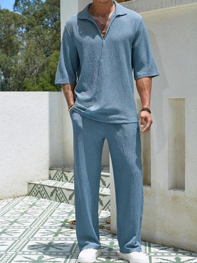 Men's summer commuter suit in cotton, short-sleeved top and loose straight trousers